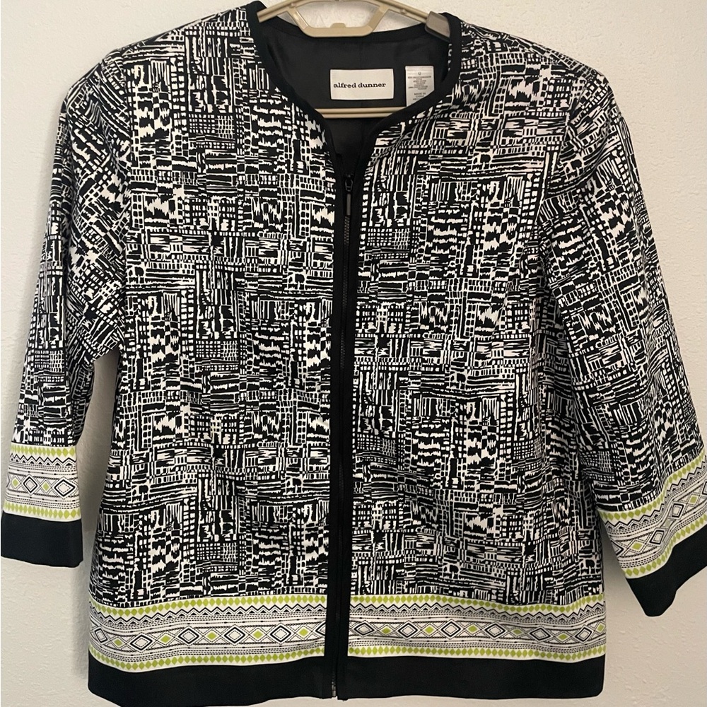 Alfred Dunner Geometric Black and White Blazer with Green Accents-Full Front zip